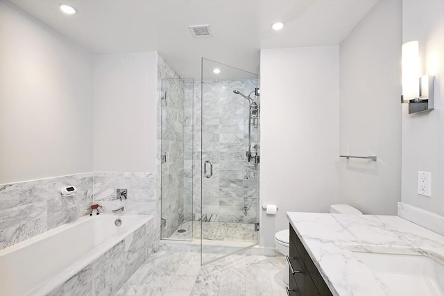 580 Washington St Unit 10A, Boston, MA 02111 - full bath featuring a bath, vanity, a marble finish shower, marble finish floors, and recessed lighting