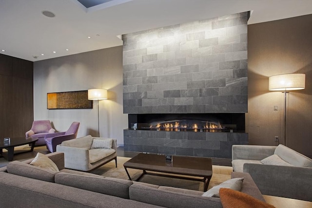580 Washington St Unit 10A, Boston, MA 02111 - living area featuring recessed lighting and a tile fireplace