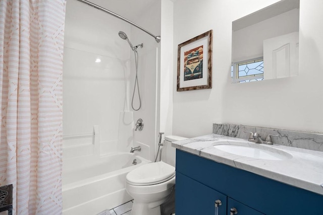 full bathroom featuring vanity, toilet, and shower / tub combo with curtain