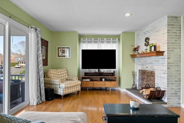 living room with a fireplace and wood-type flooring