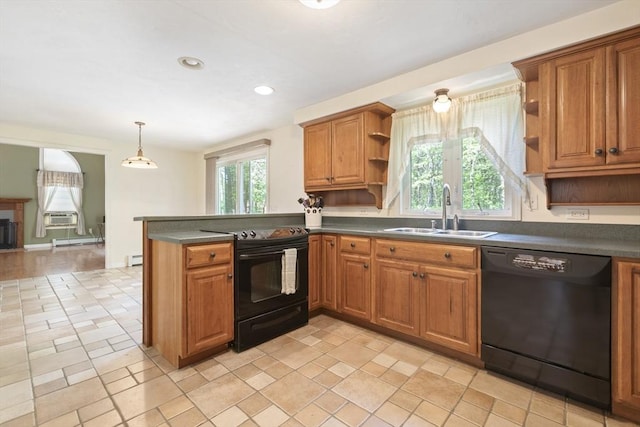 232 Wallum Lake Rd, Douglas, MA 01516 - kitchen with black appliances, dark countertops, open shelves, brown cabinets, and recessed lighting