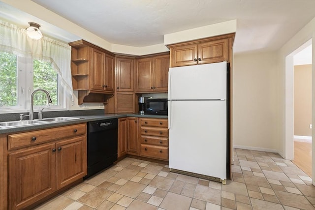 232 Wallum Lake Rd, Douglas, MA 01516 - kitchen featuring black appliances, dark countertops, brown cabinetry, open shelves, and light stone finish flooring