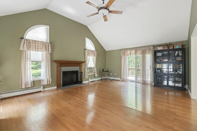 232 Wallum Lake Rd, Douglas, MA 01516 - unfurnished living room featuring a baseboard heating unit, ceiling fan, wood finished floors, a fireplace with flush hearth, and high vaulted ceiling