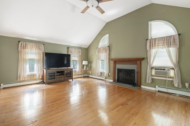 232 Wallum Lake Rd, Douglas, MA 01516 - unfurnished living room with cooling unit, a baseboard heating unit, vaulted ceiling, a ceiling fan, and a fireplace