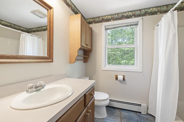 232 Wallum Lake Rd, Douglas, MA 01516 - full bathroom featuring a baseboard radiator, vanity, tile patterned flooring, and a shower with shower curtain