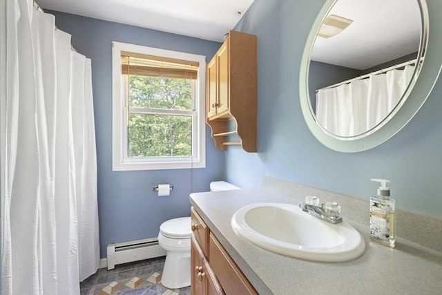 232 Wallum Lake Rd, Douglas, MA 01516 - bathroom featuring a baseboard heating unit, vanity, and curtained shower