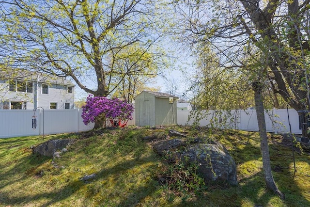 view of yard featuring an outdoor structure, a storage unit, and a fenced backyard
