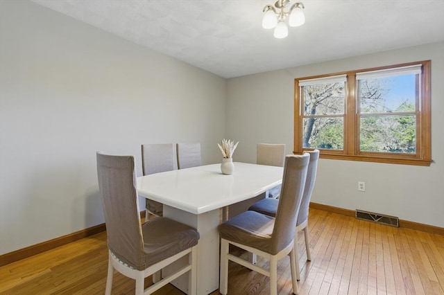 dining room with visible vents, light wood-type flooring, and baseboards