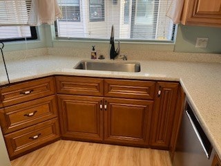 kitchen with stainless steel dishwasher, sink, and light wood-type flooring