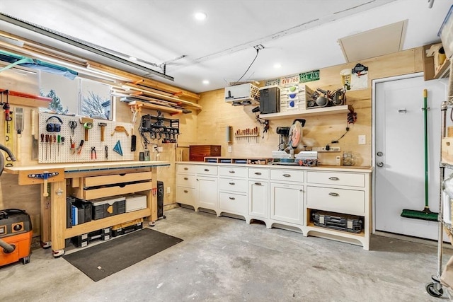 garage featuring a workshop area