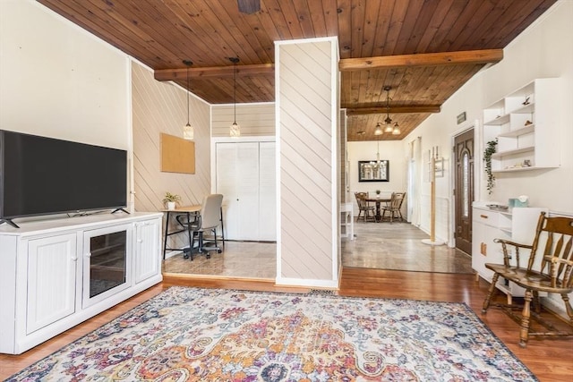 65 Water St Unit 2, Danvers, MA 01923 - living room with a wood ceiling with exposed beams, wood finished floors, a desk, and wood walls