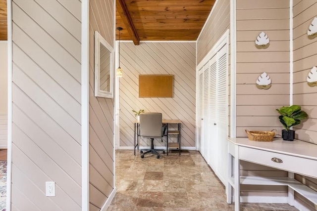 65 Water St Unit 2, Danvers, MA 01923 - office area featuring wood ceiling, wooden walls, and stone finish floors