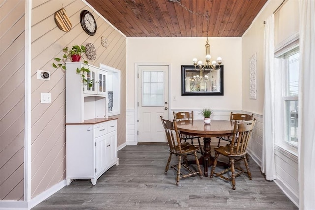 65 Water St Unit 2, Danvers, MA 01923 - dining room featuring plenty of natural light, a chandelier, wooden ceiling, wood walls, and dark wood-style floors