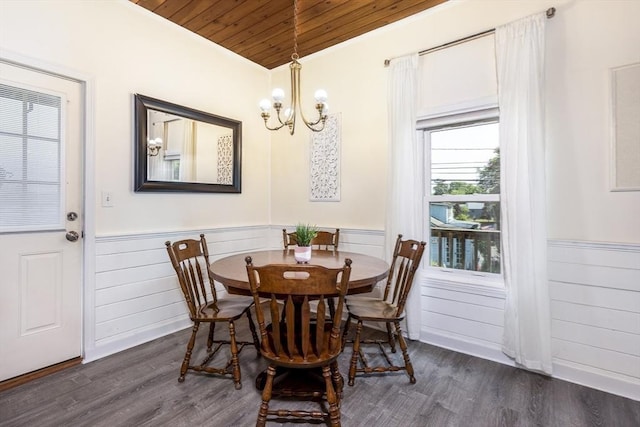65 Water St Unit 2, Danvers, MA 01923 - dining area with wood ceiling, a chandelier, a wainscoted wall, crown molding, and dark wood-type flooring