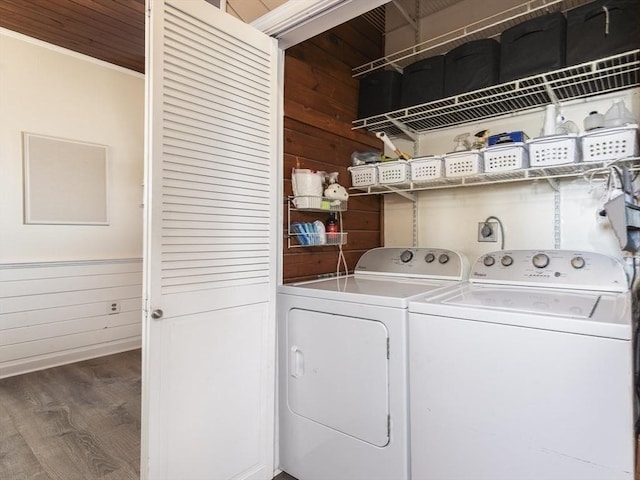 65 Water St Unit 2, Danvers, MA 01923 - washroom with independent washer and dryer, wood finished floors, and wood walls