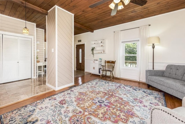 65 Water St Unit 2, Danvers, MA 01923 - living area featuring wooden ceiling, wood walls, ceiling fan, and wood finished floors