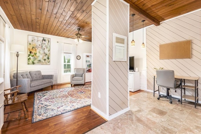 65 Water St Unit 2, Danvers, MA 01923 - office featuring a ceiling fan, a wooden ceiling with exposed beams, wood walls, and wood finished floors
