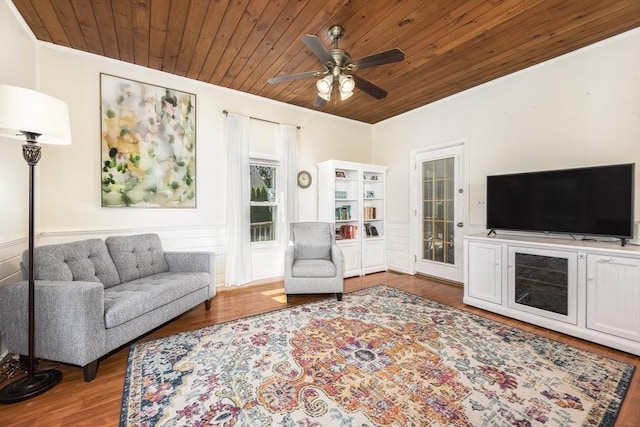 65 Water St Unit 2, Danvers, MA 01923 - living area with wooden ceiling, ornamental molding, a ceiling fan, and wood finished floors