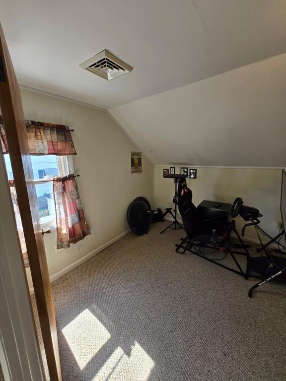 additional living space featuring carpet flooring, vaulted ceiling, and baseboards