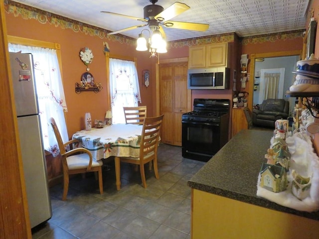 kitchen with stainless steel appliances and ceiling fan