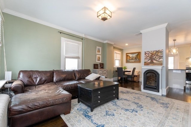 living room with baseboards, a fireplace, ornamental molding, and dark wood-style flooring