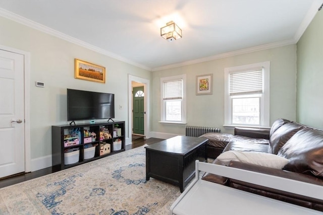 living area featuring radiator, baseboards, dark wood-type flooring, and crown molding