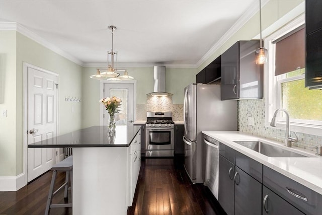 kitchen with hanging light fixtures, wall chimney range hood, appliances with stainless steel finishes, and a sink