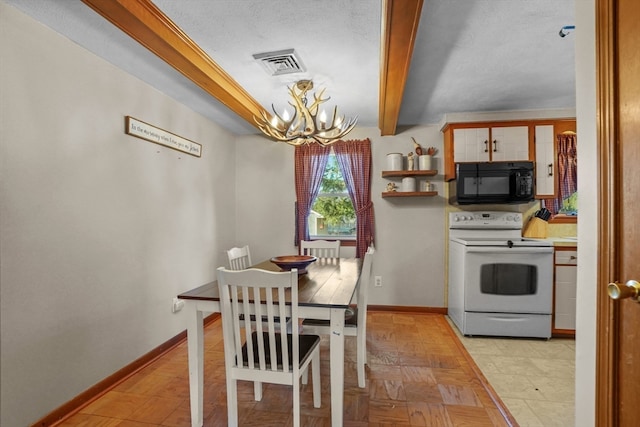 dining area featuring beamed ceiling, a notable chandelier, a textured ceiling, and light hardwood / wood-style flooring