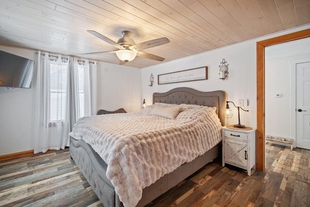 bedroom with ceiling fan, hardwood / wood-style floors, and wooden ceiling