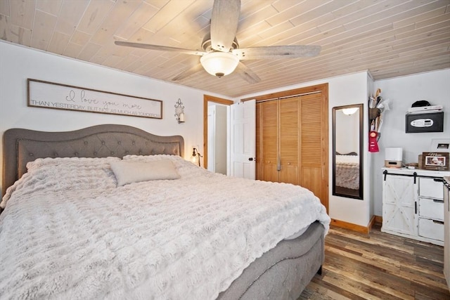 bedroom featuring ceiling fan, hardwood / wood-style flooring, a closet, and wood ceiling