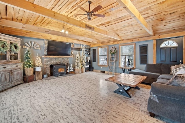 living room with ceiling fan, wood ceiling, beamed ceiling, and hardwood / wood-style flooring