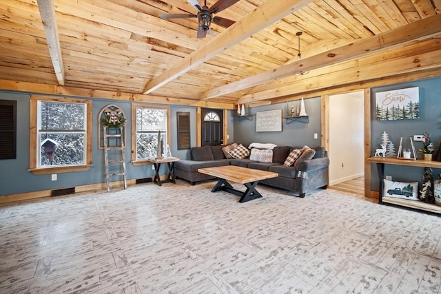 living room with ceiling fan, beam ceiling, and wood ceiling