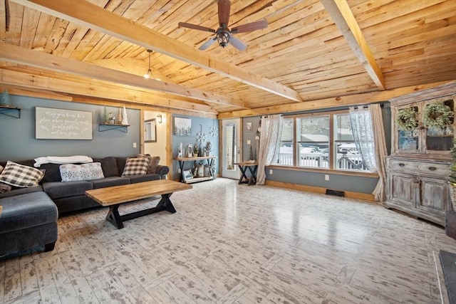 living room with ceiling fan, hardwood / wood-style flooring, and wooden ceiling