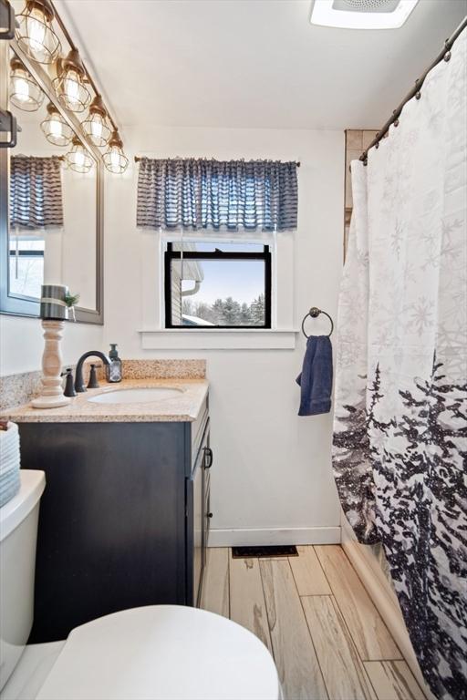 bathroom with toilet, a shower with curtain, and vanity