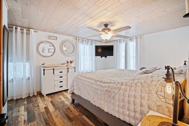 bedroom featuring wooden ceiling, wood-type flooring, and ceiling fan