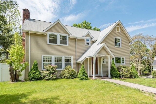 traditional-style home featuring a chimney and a front lawn