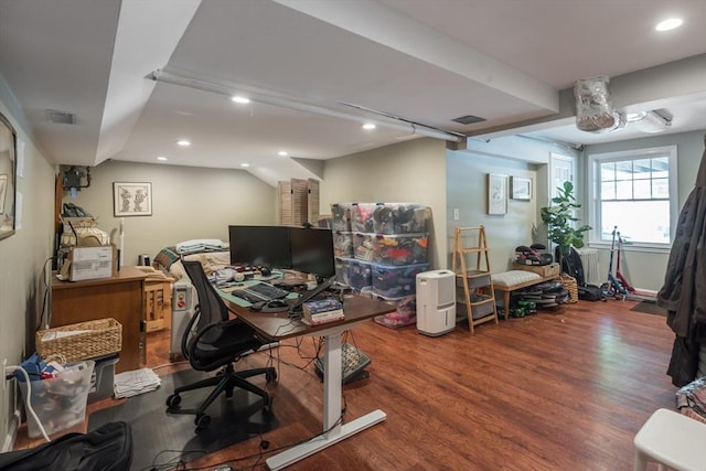 home office featuring wood finished floors and recessed lighting