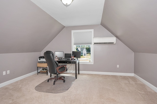 carpeted office with vaulted ceiling and a wall mounted air conditioner