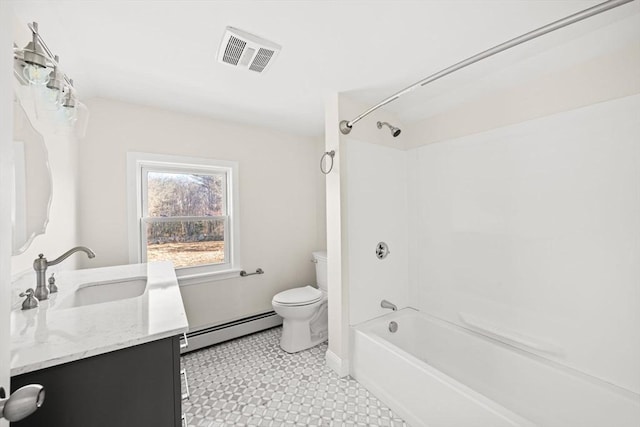 844 Sanford, Westport, MA 02790 - bathroom with baseboard heating, toilet, vanity, shower / tub combination, and baseboards