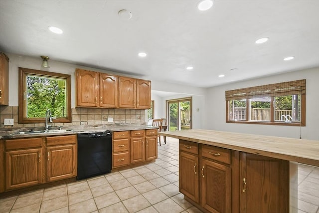 175 Armsby Rd, Sutton, MA 01590 - kitchen with dishwasher, a sink, butcher block countertops, decorative backsplash, and recessed lighting