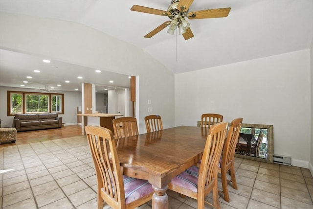 175 Armsby Rd, Sutton, MA 01590 - dining room featuring vaulted ceiling, light tile patterned floors, a baseboard heating unit, a ceiling fan, and recessed lighting