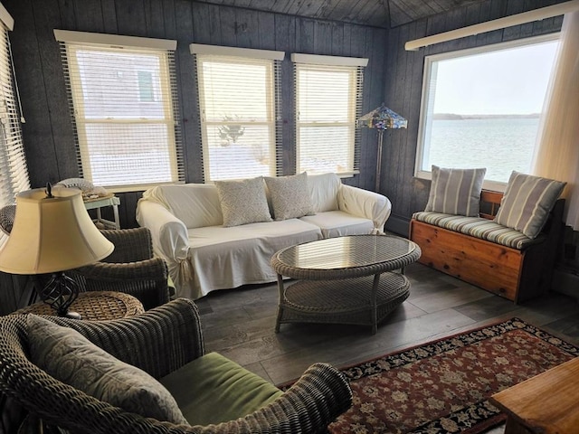 living room featuring wooden walls, plenty of natural light, a water view, and hardwood / wood-style flooring