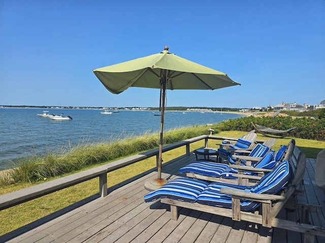 wooden deck featuring a water view