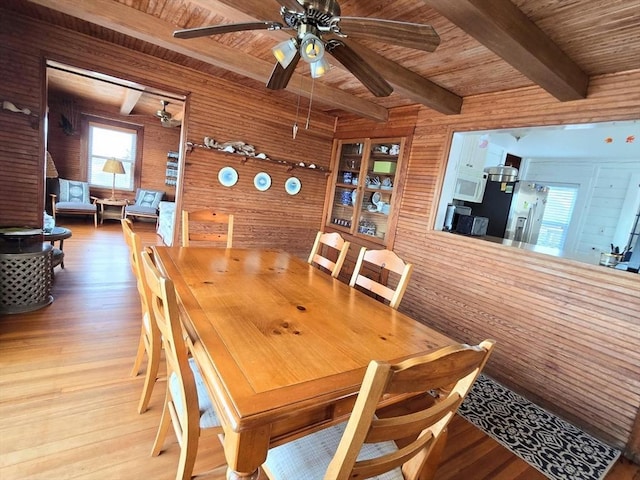 dining area featuring ceiling fan, wooden ceiling, beamed ceiling, wooden walls, and hardwood / wood-style flooring