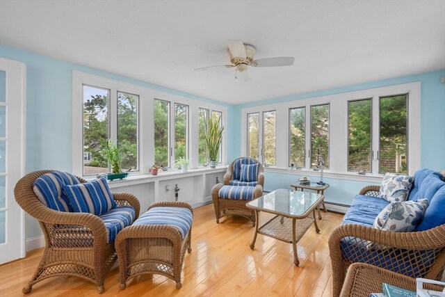 sunroom / solarium with healthy amount of natural light, a baseboard radiator, french doors, and wood finished floors
