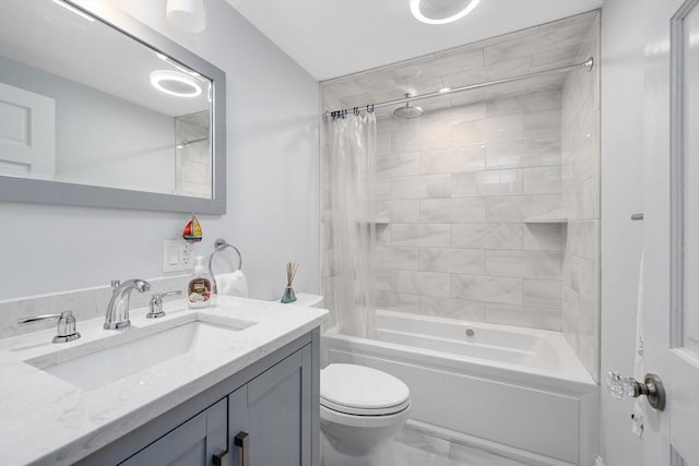 full bathroom with shower / bathtub combination with curtain, toilet, vanity, and marble finish flooring