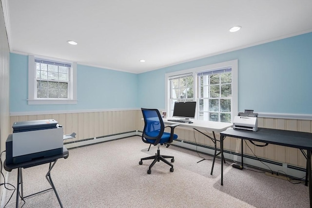 carpeted home office featuring a baseboard radiator, wainscoting, and recessed lighting