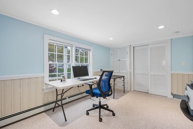 office space featuring baseboard heating, wainscoting, recessed lighting, ornamental molding, and carpet flooring