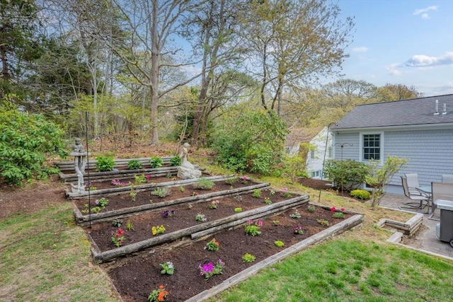 view of green lawn with a vegetable garden and a patio area