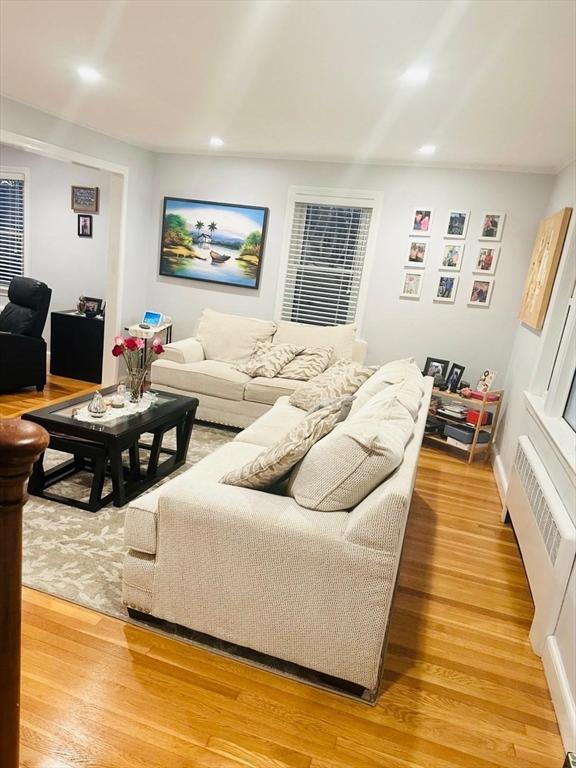 living room featuring radiator and light hardwood / wood-style flooring